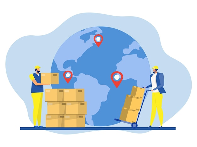 business delivery logistics service stock market online laptop flat worker carrying boxes