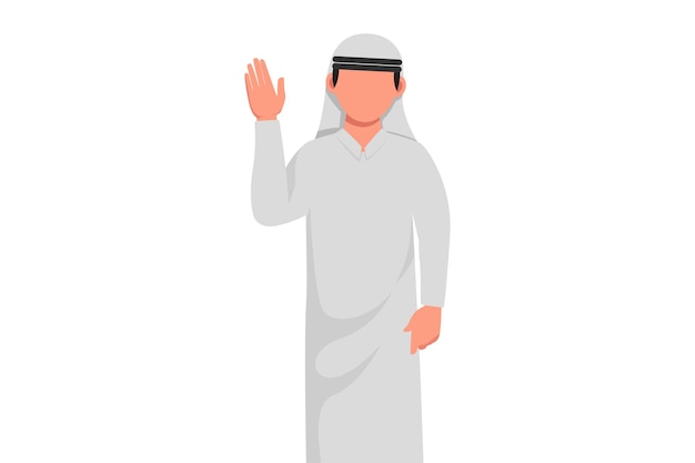 Business design drawing Arabian businessman showing palm as stop sign stay hold or rejection gesture Male manager gesturing emotion and body language concept Flat cartoon style vector illustration