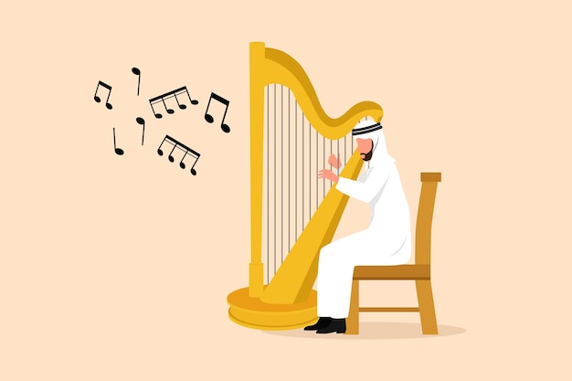 Vettore disegno di business design musicista uomo arabo che suona l'arpa personaggio di esecutore di musica classica con strumento musicale maschio seduto sulla sedia e suonare l'arpa piatto stile cartone animato illustrazione vettoriale