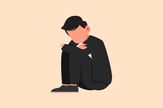 Vector business design drawing depressed businessman sitting in despair on the floor suffer emotion sadness melancholy stress at office worker sad gesture expression flat cartoon style vector illustration