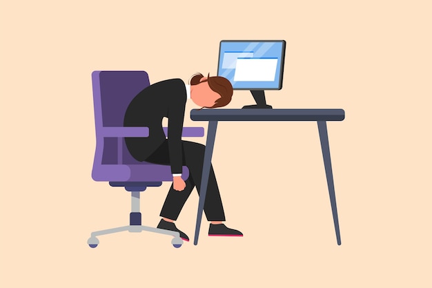 Business design drawing depressed businesswoman sitting with head on computer desk Exhausted female manager in office Frustrated worker mental health problems Flat cartoon style vector illustration