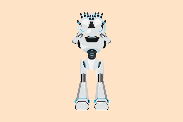 Disegno di progettazione aziendale robot depresso in piedi e in possesso di testa sensazione di mal di testa sviluppo tecnologico futuro intelligenza artificiale e apprendimento automatico illustrazione vettoriale in stile cartone animato piatto