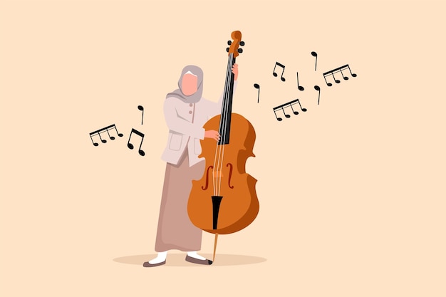 Vector business design drawing double bass player standing with big string instrument arab woman musician playing classical music with fingers professional contrabassist flat cartoon vector illustration