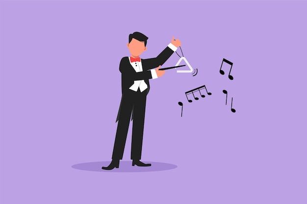 Vector business design drawing male musician playing musical triangle classical music orchestra man artist with music instrument professional musician performs on stage flat cartoon vector illustration