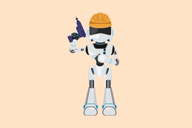 Vector business design drawing robot repairman worker holding electric drill tool for work repair builder fixing home cupboard interior future technology development flat cartoon style vector illustration