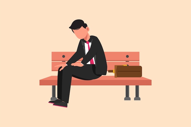 Vector business design drawing sad depressed businessman sitting at bench park alone man suffering from depression experiences dismissal difficult life situation flat cartoon style vector illustration