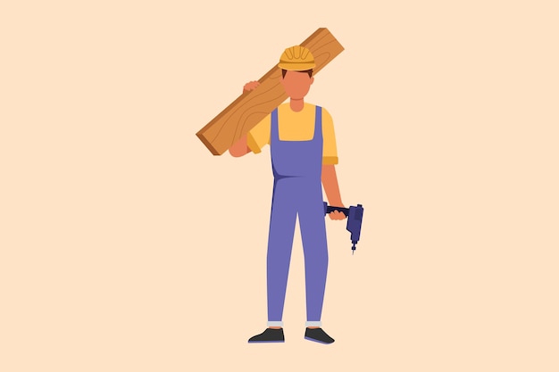 Business design drawing timber frame house construction worker repairman standing with board tool box and drill building construction repair work services flat cartoon style vector illustration