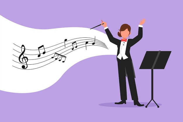 Business design drawing woman music orchestra conductor Female musician in tuxedo suit with arm gestures Expressive conductor directs orchestra during performance Flat cartoon vector illustration