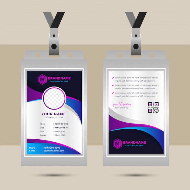 Business  design elements for graphic layout of corporate id card. modern abstract background template with gradient blue purple in  wave curve shapes in minimal style. circle space for photo.