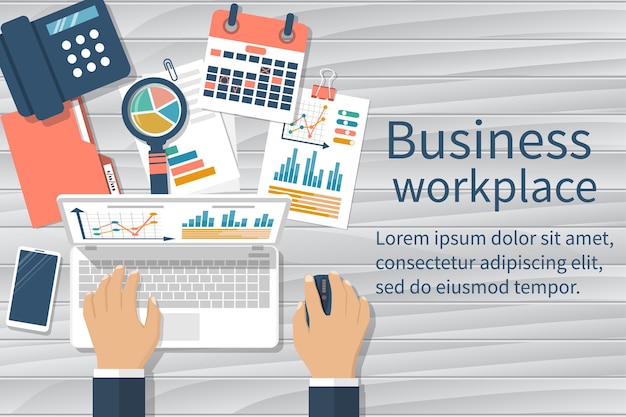 business desktop with documents laptop and office equipment documents for the analysis and strategy with charts and diagrams workplace concept vector illustration flat design