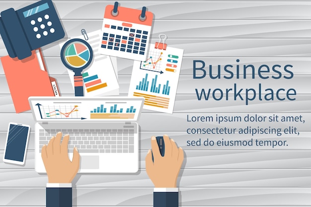 Desktop aziendale con documenti laptop e apparecchiature per ufficio documenti per l'analisi e la strategia con grafici e diagrammi concetto di posto di lavoro illustrazione vettoriale design piatto