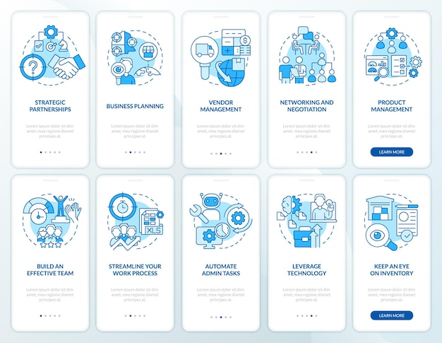 Business development blue onboarding mobile app screen set