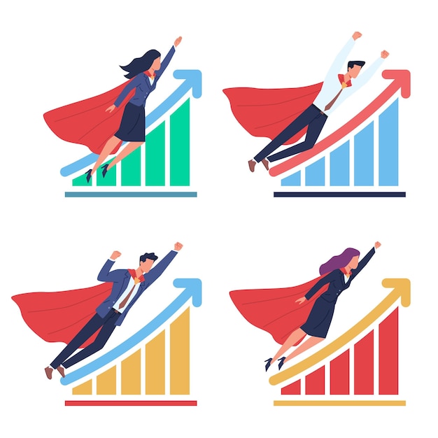 Business development Growing charts and superheroes men and women in flowing capes and suits flying successful teamwork finance progress professional managers cartoon concept vector isolated set