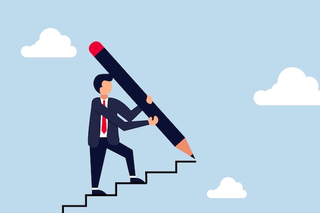 Vector business development is successful smart businessman uses a large pencil to draw stairs going up and walking up stairs