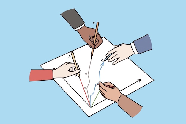 business development, workshop and strategy concept. hands of business people team charting drawing success arrows together vector illustration