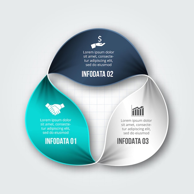 Diagramma aziendale con 3 opzioni concetto di design di tre fasi o parti del ciclo economico