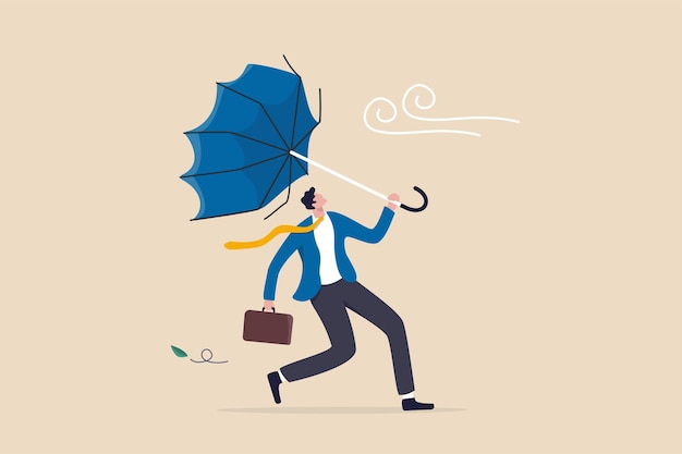 경제 위기, 실수 또는 사고로 인한 문제나 실패, 우울 및 불안 개념, 강한 바람 폭풍에 부서진 우산을 들고 좌절한 사업가의 비즈니스 어려움 또는 장애물.