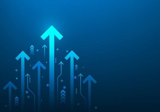 Business digital arrows up to goal on blue dark background rate of return investment chart vision.