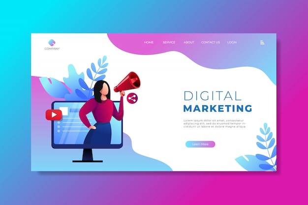 Vector business digital marketing landing page with woman promoting