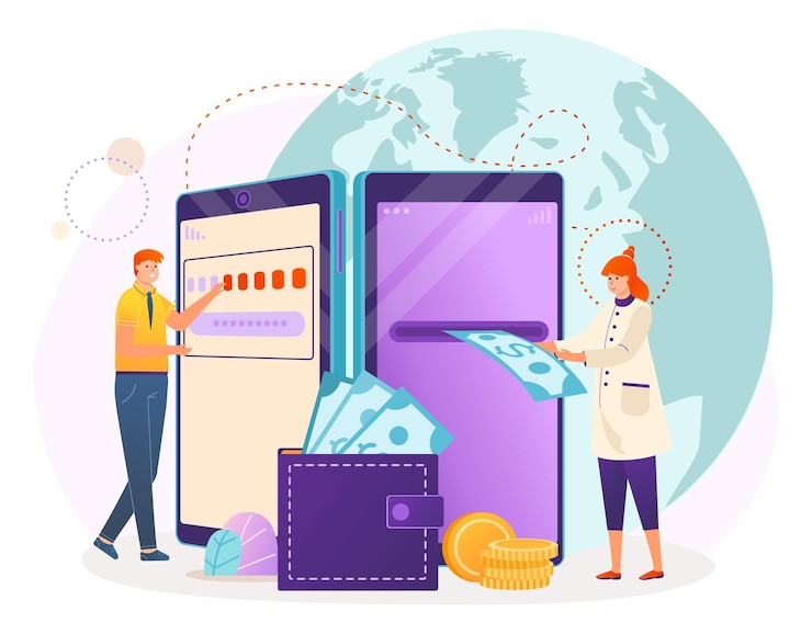 Vector business digital mobile payment by phone vector illustration flat tiny man woman character make finance transaction at smartphone technology
