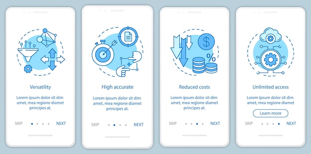 Business digital tools onboarding mobile app page screen with linear concepts. strategic advantages walkthrough steps graphic instructions. ux, ui, gui vector template with illustrations