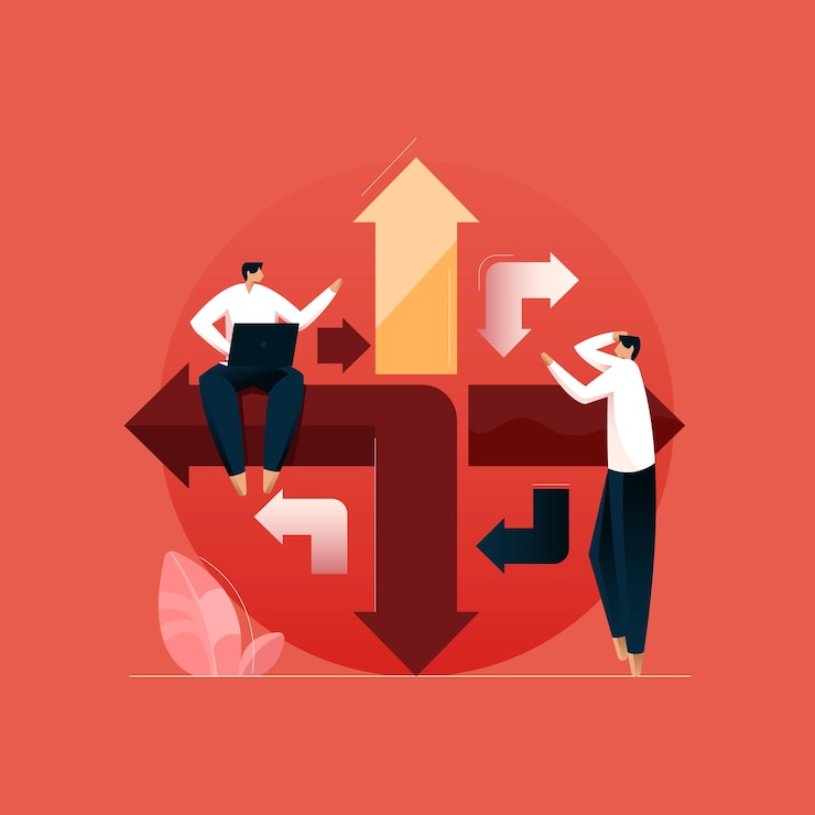 Vector business direction and difficult choice concept finding new way and solution for success