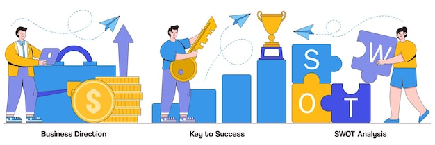 Business direction, key to success, swot analysis concept with people character. profit growth, career success achievement, strengths and weaknesses assessment abstract vector illustration set.