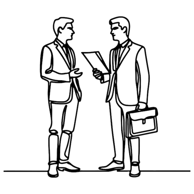 Business discussion of man and woman standing talking about document and holding document continuous one line art drawing of business meeting with handshake