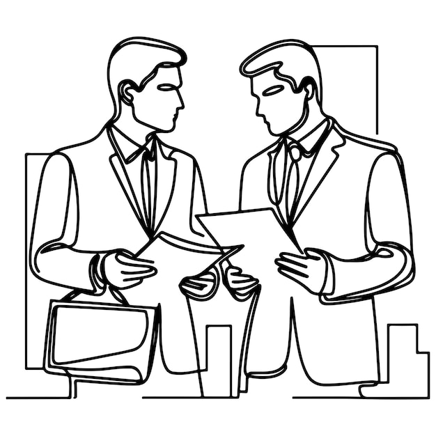 Business discussion of man and woman standing talking about document and holding document continuous one line art drawing of business meeting with handshake