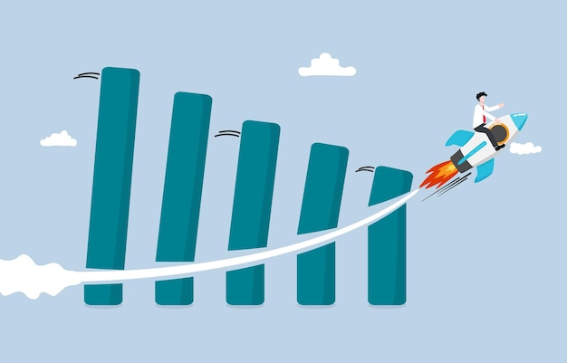 Vector business disruption concept businessman riding rocket breaking through falling down bar graph