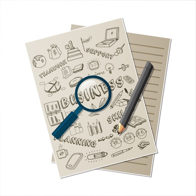 Vector business document with pencil and magnifying glass