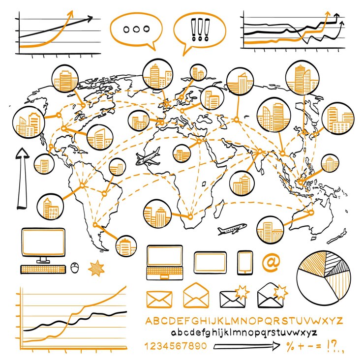 Vector business doodle set hand drawn sketch icons business team hand drawn letters of alphabet and numbers
