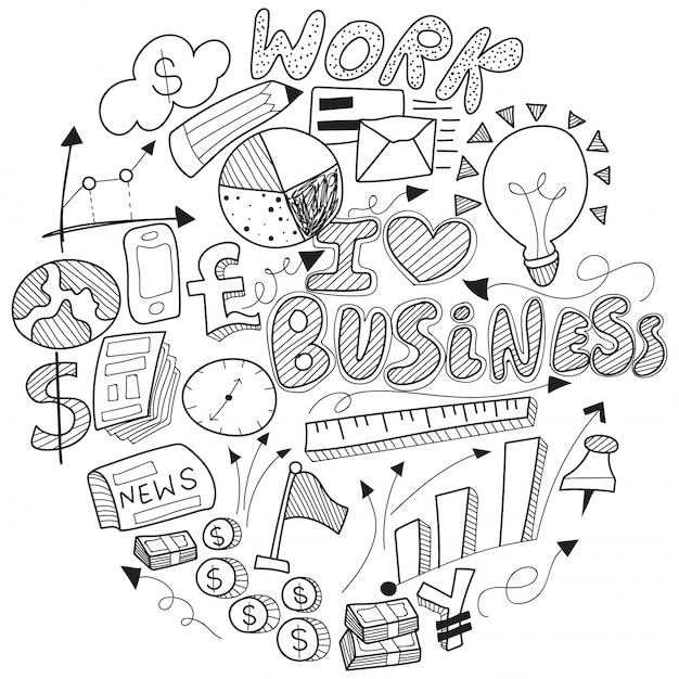 Business doodle, with black and white business sign, symbols and icons.