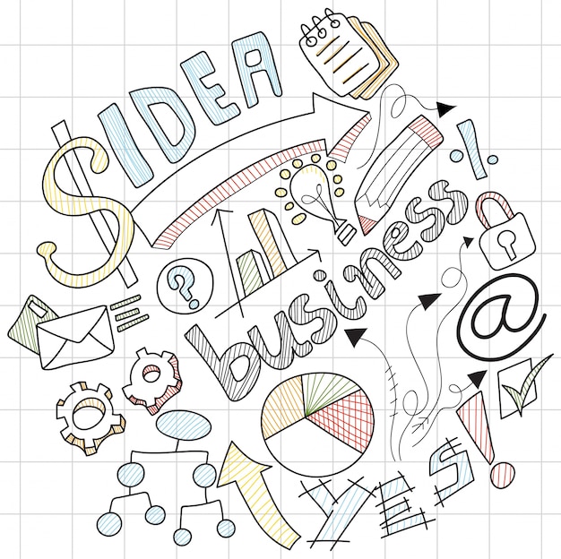 Vector business doodle, with colorful business sign, symbols and icons.