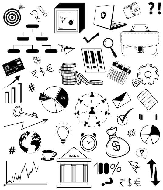 Business doodles sketch set infographics elements isolated vector shapes graphs stats devices