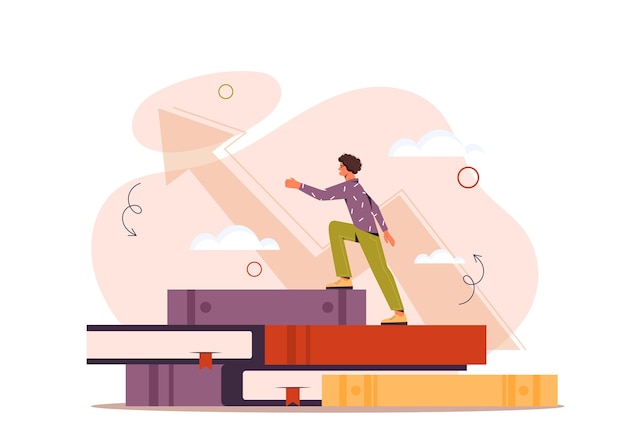 Vector business education concept young guy climbs piles of books charts and diagrams literature study
