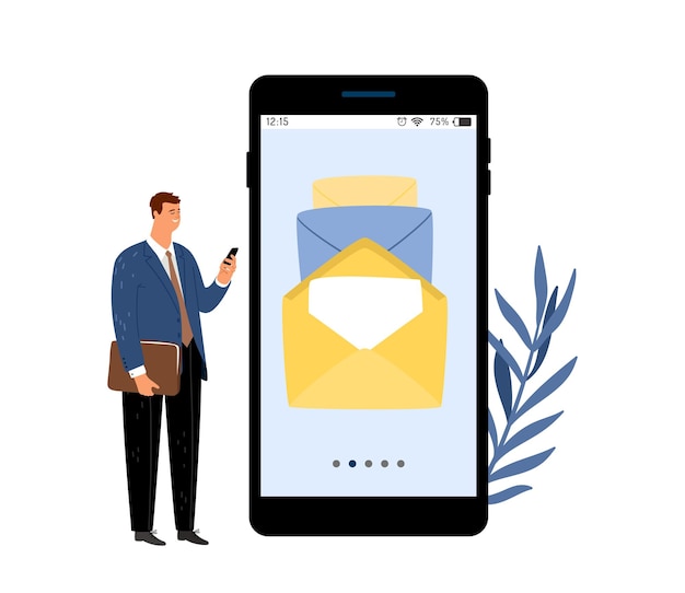 Business email. envelopes on smartphone screen. new letters, man using mail online vector concept