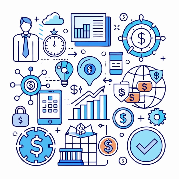 Business en financiën concept Een man in een pak vertegenwoordigt de zakelijke kant terwijl verschillende iconen zoals een dollar teken een grafiek een telefoon een slot en een vinkje vertegenwoordigen financiën