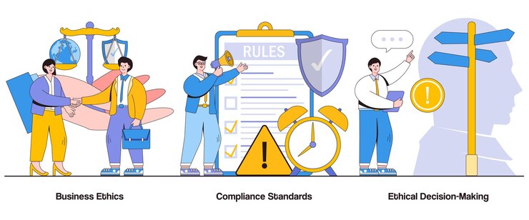 Vector business ethics compliance standards ethical decisionmaking concept with character ethical business practices abstract vector illustration set integrity transparency social responsibility