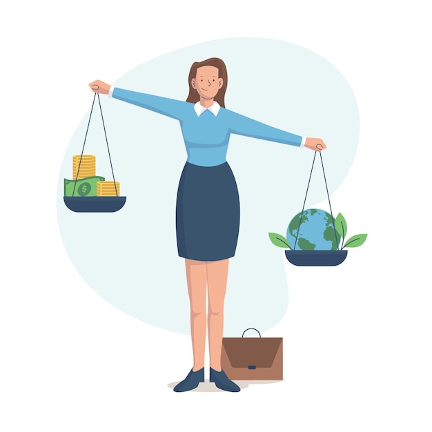 Vector business ethics concept illustration with woman and balance