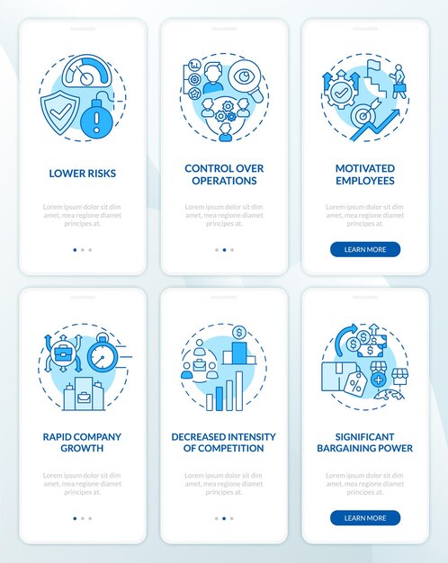Business expansion blue onboarding mobile app page screen set