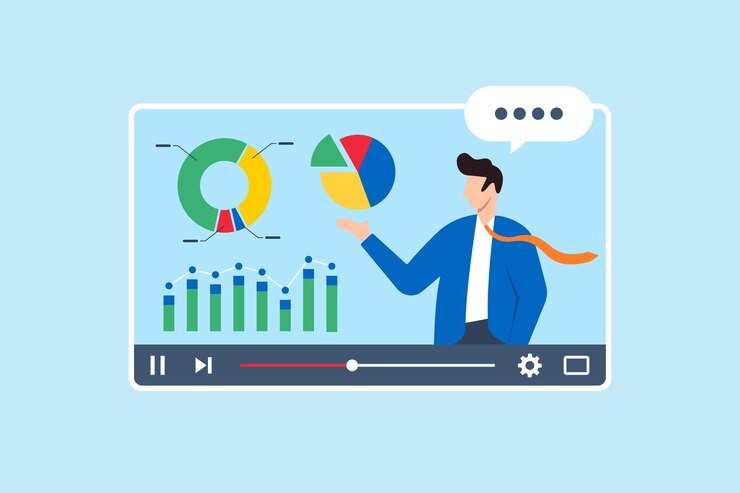 Vector business expert explaining pie chart in video interface