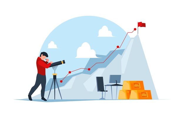 Business exploring man watching in telescope successful person growth up processes garish vector concept background illustration in flat style