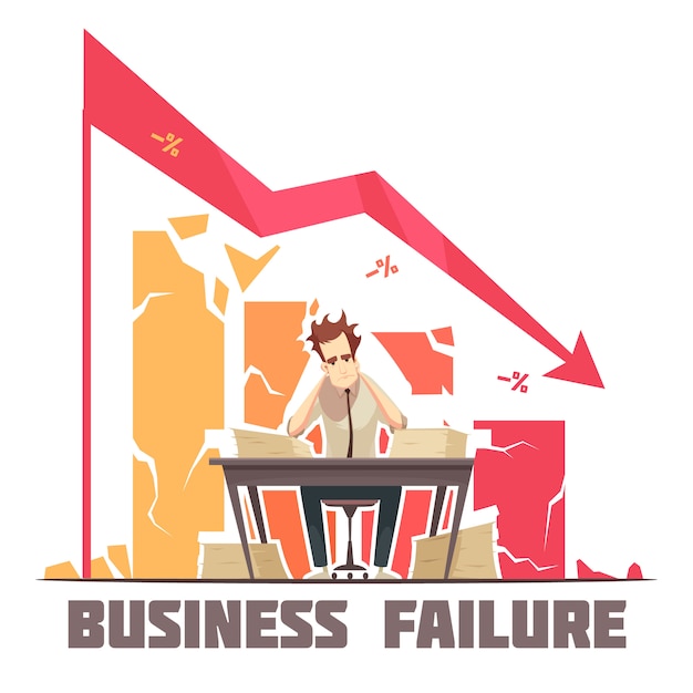 Vector business failure retro cartoon poster with frustrated businessman sitting in office under descending diagram arrow vector illustration