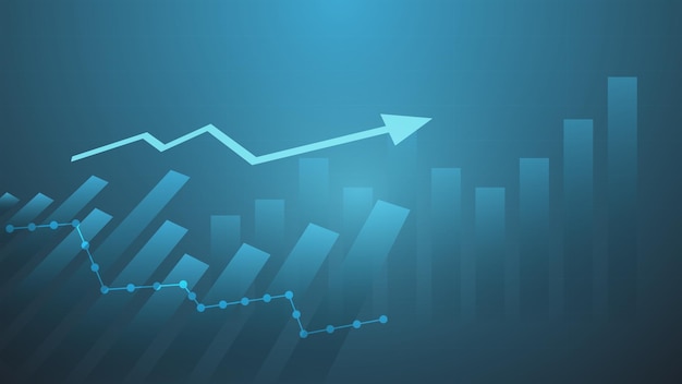 상승 추세 화살표가 있는 복사 공간 막대 차트가 있는 비즈니스 및 금융 배경은 수익 성장을 보여줍니다.
