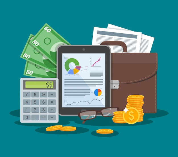 Business and finance concept vector illustration in flat style design. Tablet with financial graphs and charts. Briefcase, calculator, money, paper sheet.