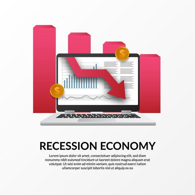 Crisi finanziaria aziendale. recessione dell'economia globale. inflazione e bancarotta. illustrazione del computer portatile dati e freccia rossa verso il basso