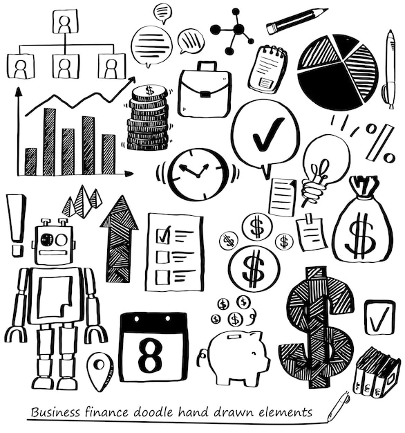 Бизнес-финансы рисуют наброски каракулей с маркером на доске, маркером, инфографическими элементами на белом