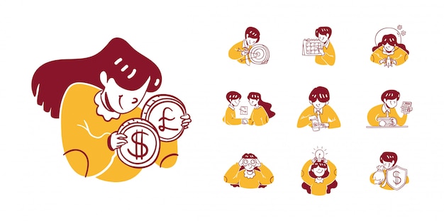 Vector business and finance icon illustration in outline hand drawn design style. man, woman, deal, target, dollar, schedule, tax, cutting, accounting, binoculars, idea, money, protection, shield, trading,