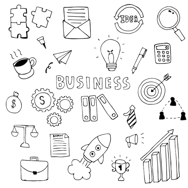 Vector business finance icons doodle set on white background